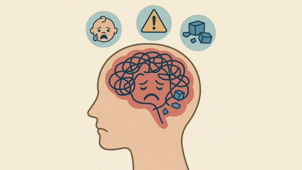 mente tumultuada, criança chorando, tudo isso por conta dos ciclos repetitivos na maternidade