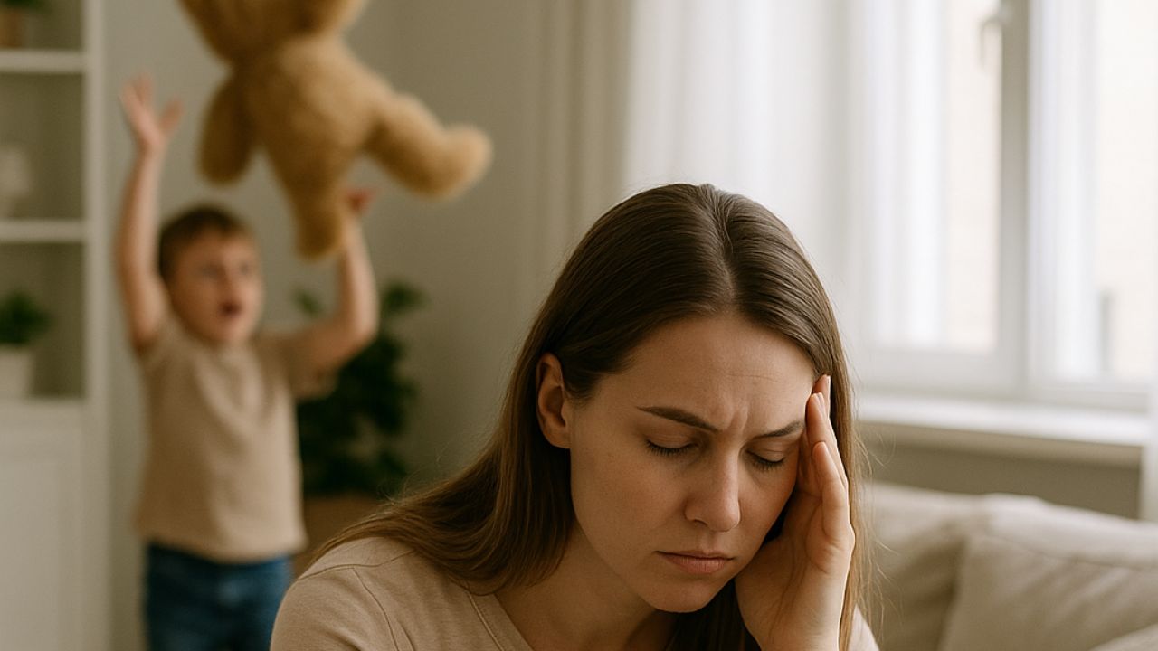 mãe com as mãos na cabeça pegando raiva do seu filho enquanto ele faz bagunça logo atrás