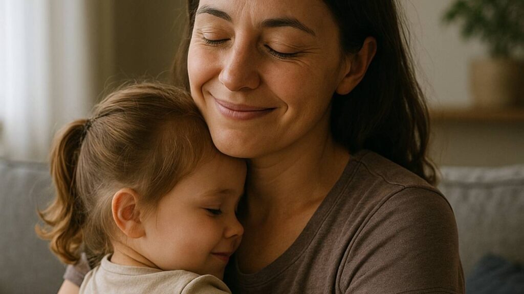 mãe abraçada a sua filha e sorrindo