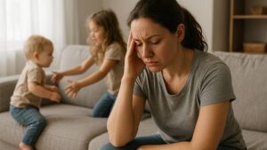 duas crianças brincando no sofá e a mãe estressada e arrependida de ter o segundo filho mais novo