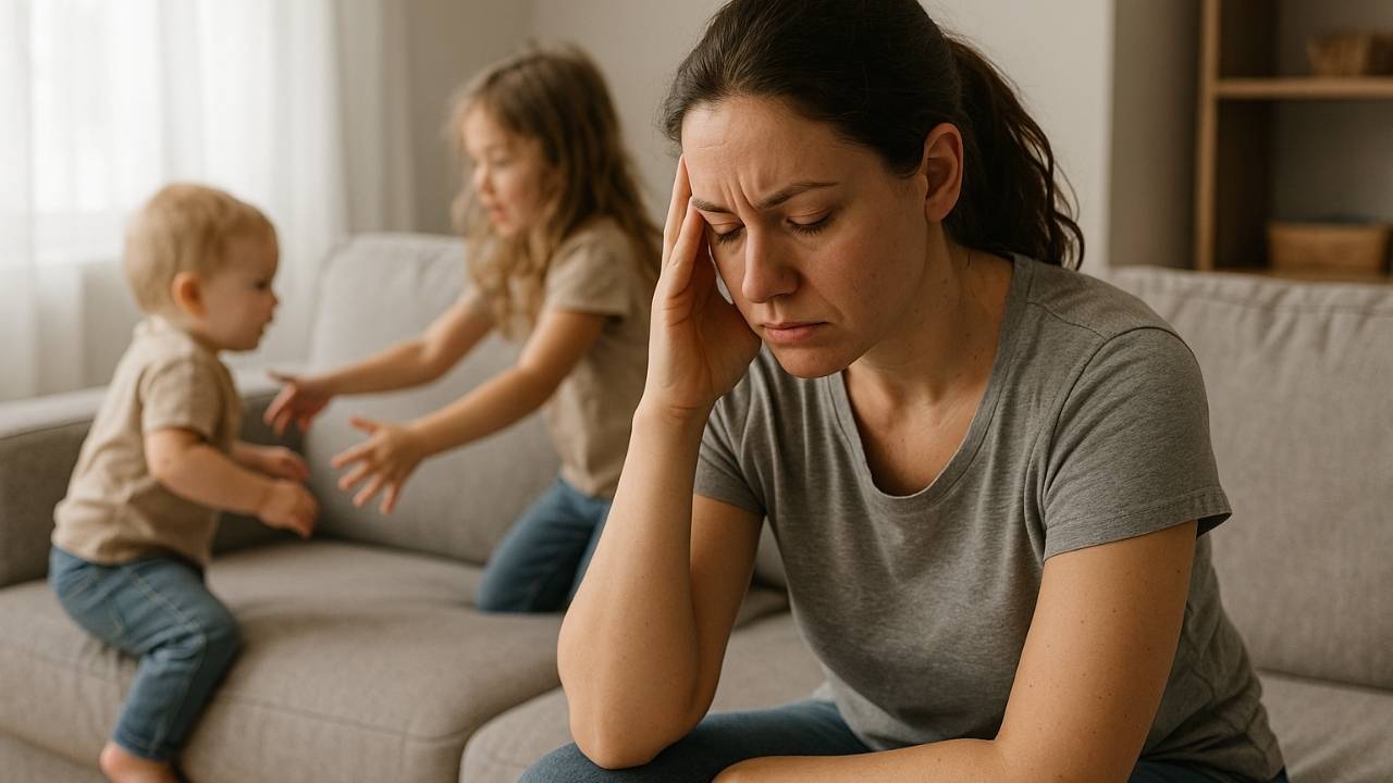 duas crianças brincando no sofá e a mãe estressada e arrependida de ter o segundo filho mais novo