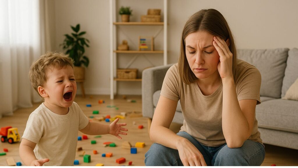 criança chorando e a mãe com raiva enquanto tem várias peças de brinquedo no chão