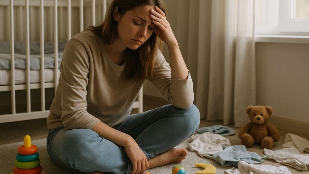 mãe dentro do quarto do seus filhos e arrependida de ter virado mãe