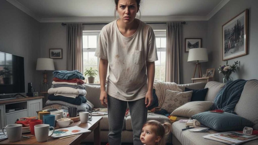 mãe sem paciência com a sua filha pequena e ao fundo a casa toda bagunçada