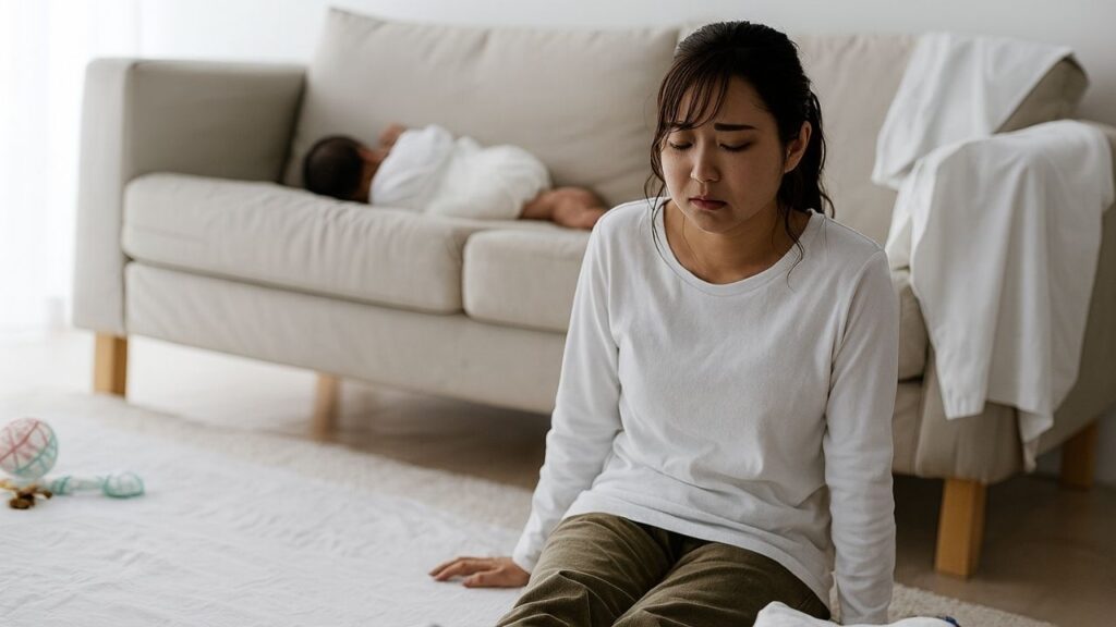 mãe cansada sentada no chão enquanto a criança bebê dorme no sofá