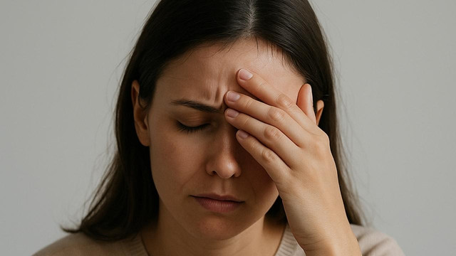 mulher com as mãos na cabeça e tendo sintomas da sobrecarga materna