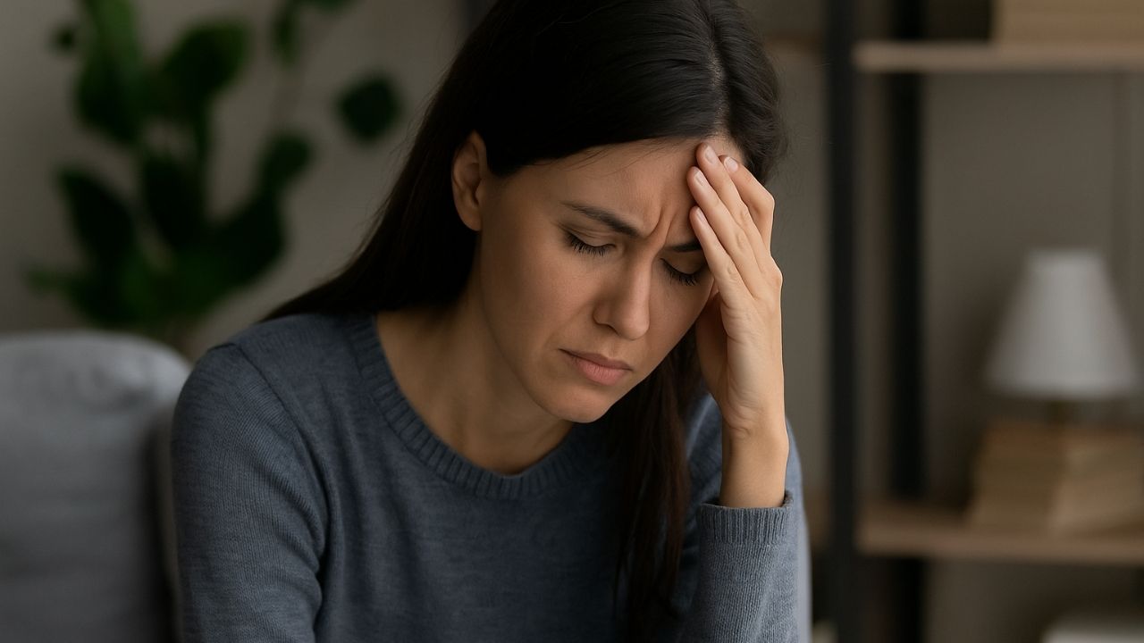 mãe com a mão na cabeça e sofrendo por estar com culpa materna