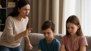 mãe descontando as raivas nos seus dois filhos