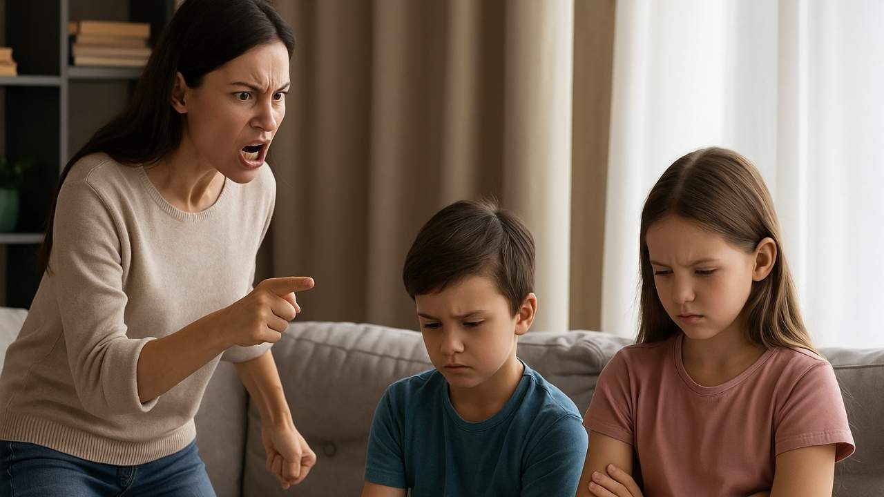 mãe descontando as raivas nos seus dois filhos