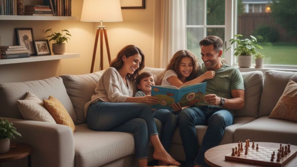 pai, mãe, filho e filha no sofá lendo histórias e representando um ótimo ambiente familiar para educar os seus filhos