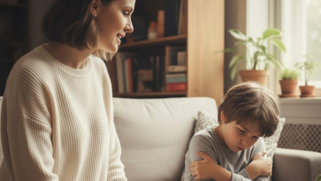 mãe tentando conversar com o seu filho de 9 anos enquanto ele cria resistência