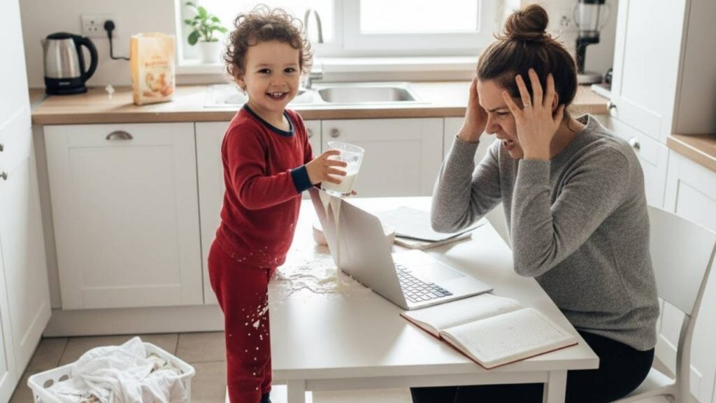 criança de 3 anos derramando leite no computador e na mesa de sua mãe que está furiosa, a criança está cada dia mais insuportável