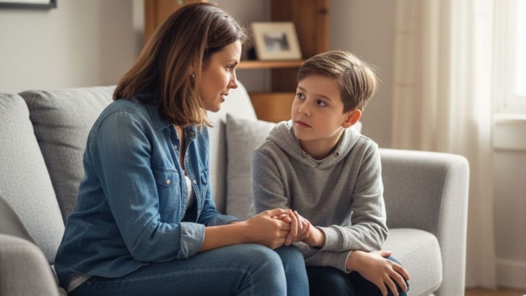mãe conversando com o seu filho no sofá