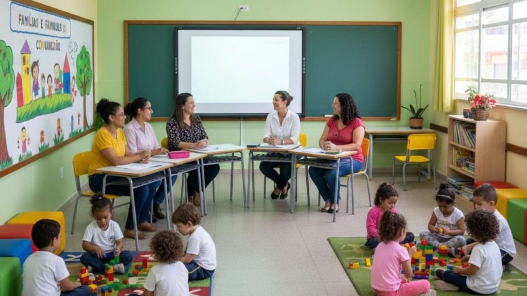 mães conversando sobre a educação parental e novos aprendizados na escola enquanto seus filhos brincam