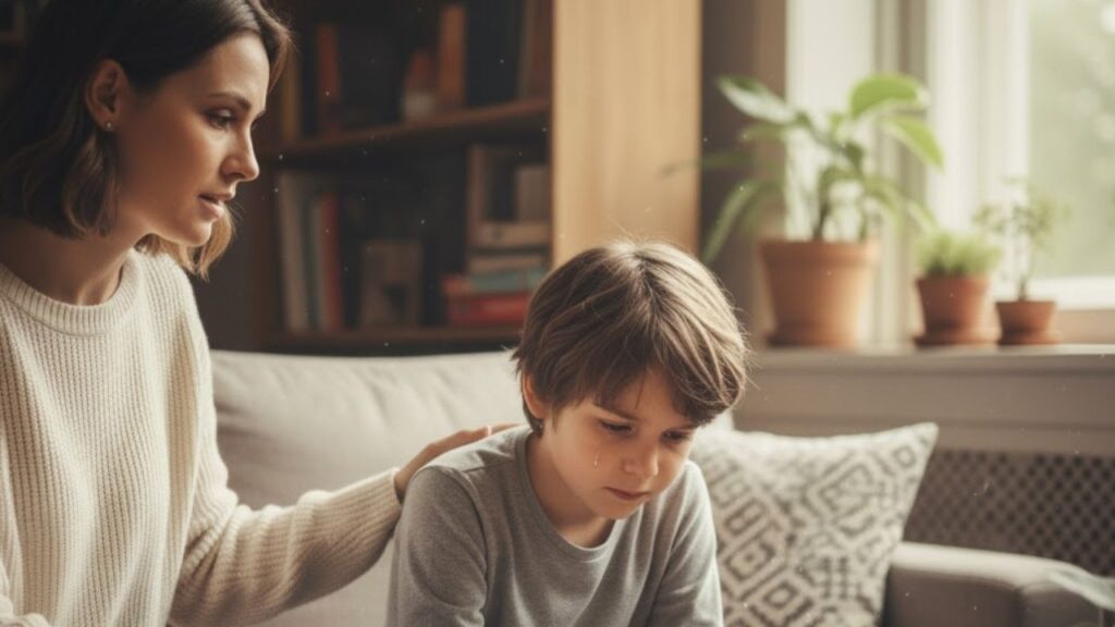 mãe tendo uma conversa difícil com o seu filho de 9 anos enquanto ele chora