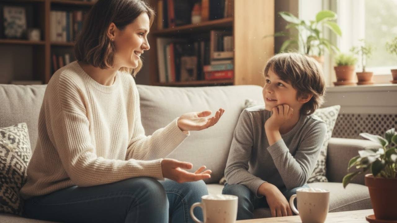 mãe conversando com o seu filho de 9 anos