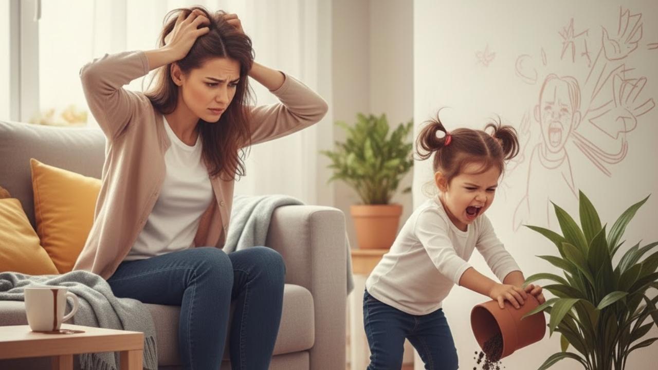 mãe vendo sua filha de 3 anos bagunçando e se tornando uma criança insuportável