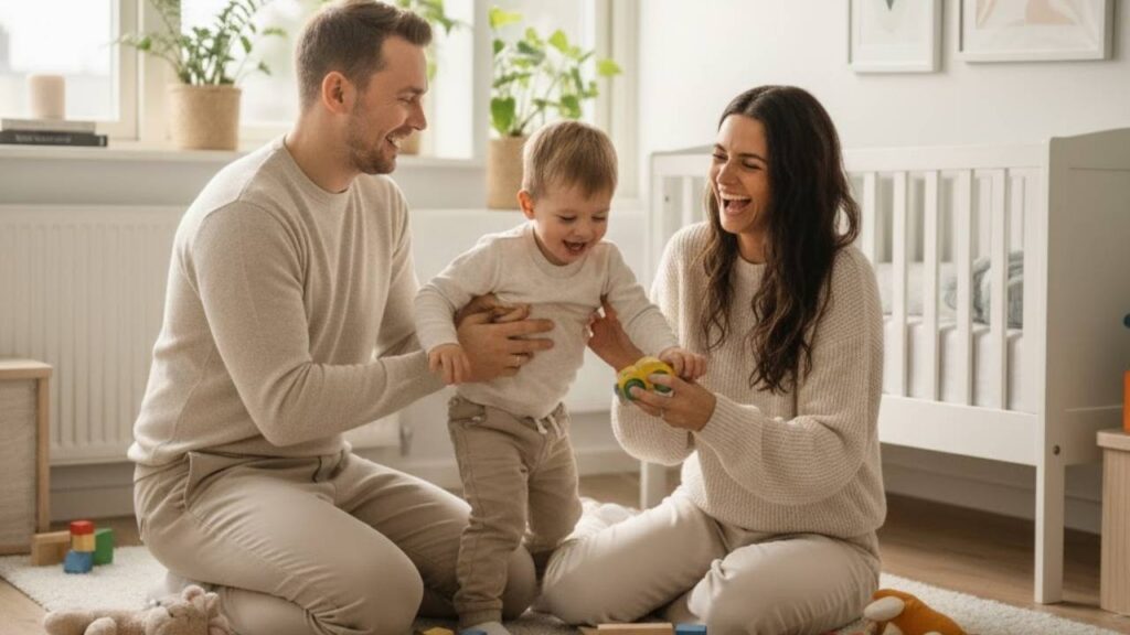 pais que aplicam a parentalidade positiva se divertindo com o seu filho no brinquedoteca