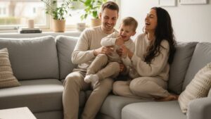 pai, mãe e filhos se divertindo no sofá da sua casa