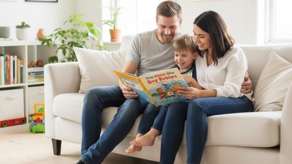 pai e mãe ensinando o seu filho a ler um livro